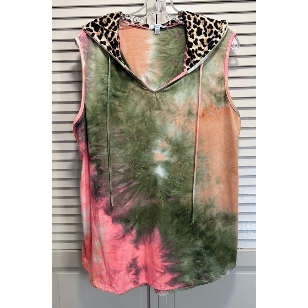 White Birch Tie Dye Sleeveless Tunic Size XL Green/Orange Cheetah Hood